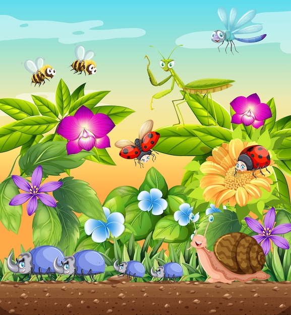 Free vector different insects living in the garden scene at daytime