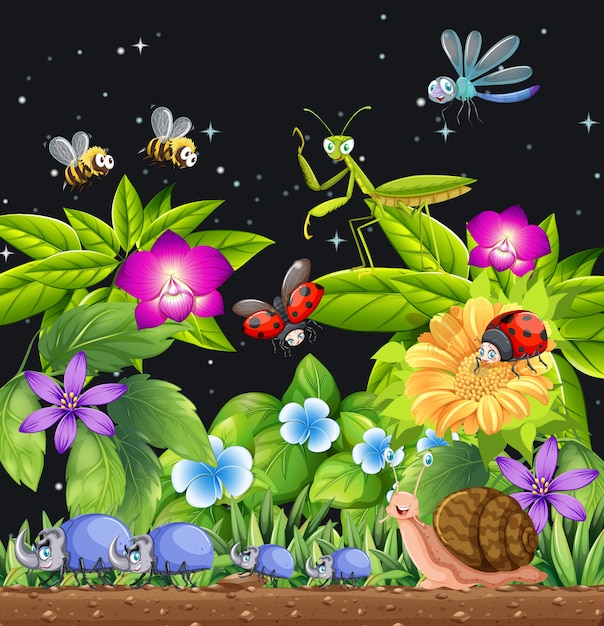 Free vector different insects living in the garden scene at night