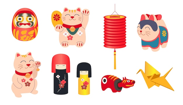 Free vector different japanese national toys vector illustrations set. collection of drawings of lucky maneki neko or cat, traditional dolls, paper crane for good fortune. japan or asia, culture concept