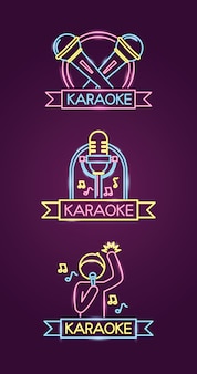 Different karaokes in neon style with singer and microphone over purple
