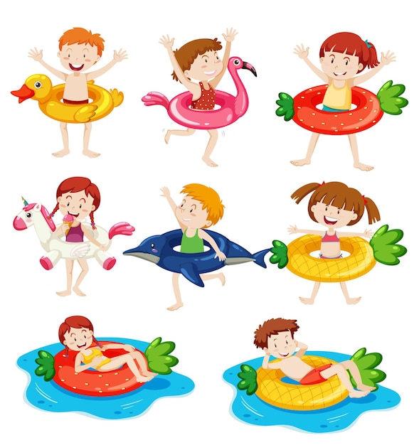 Free vector different kids with their swimming ring isolated