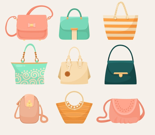 여성용 벡터 삽화 세트를 위한 다양한 종류의 가방입니다. 흰색 배경에 격리된 여름이나 가을을 위한 다양한 모양의 캐주얼한 다채로운 핸드백. 패션, 액세서리 개념