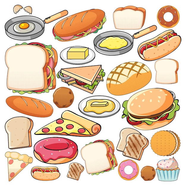 Different kinds of food on white background