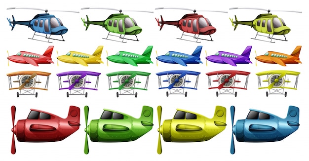 Бесплатное векторное изображение Различные виды вертолетов и самолетов иллюстрации