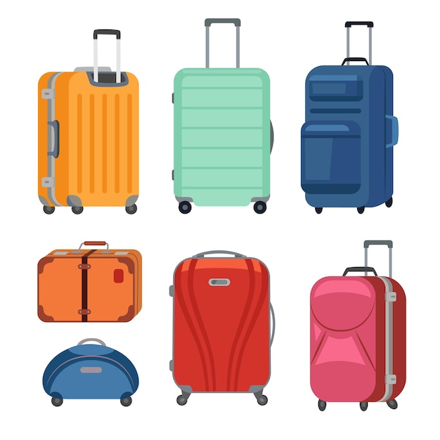 다양한 종류의 여행 가방 삽화가 설정되었습니다. 수하물 또는 수하물을 위한 바퀴가 달린 여행 가방 컬렉션, 흰색으로 격리된 서류 가방