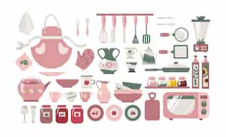 無料ベクター さまざまなキッチンや家庭用品のベクトルイラストセット。装飾的な粘土またはセラミック陶器または食器：白い背景で隔離されたカップ、皿、マグカップ、ボウル、水差し。台所用品のコンセプト