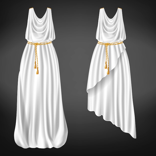 Free vector different length, greek chitons of white wool, linen or silk fabric tied with golden rope belt