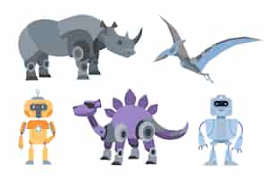 Бесплатное векторное изображение Различные механические игрушки для детей набор векторных иллюстраций. коллекция мультяшных рисунков роботизированных игрушек для детей, носорогов, роботов или киборгов, доисторических животных. технология, концепция будущего
