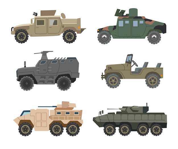 Different military vehicles vector illustrations set. collection of drawings of armored cars, trucks, tanks, humvee for armed forces on white background. war, army, transportation, technology concept