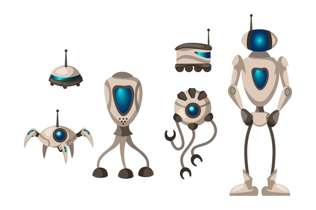 ロボットのベクトルイラストセットのさまざまなモデル。サイボーグの漫画のキャラクターやヒューマノイド、白い背景に分離された現代技術の進化。現代のロボット、技術コンセプト