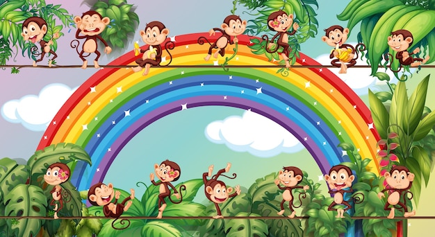 Различные персонажи мультфильмов про обезьян на веревке на фоне радуги