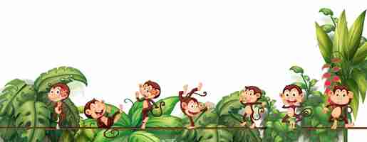 Free vector different monkey cartoon characters on the rope with tropical leaf