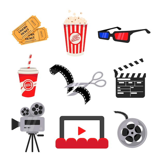 Different movie theater elements flat vector illustrations set. Cinema elements, popcorn, 3d glasses, clapperboard, camera, tickets on white background. Movie or film industry, cinematography concept