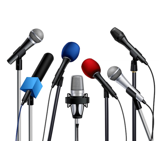 Different muiltcolored press conference microphones