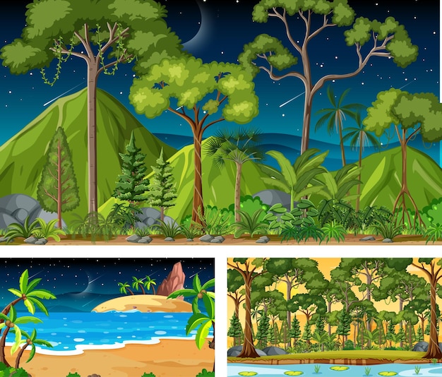 Free vector different nature horizontal scenes in cartoon style