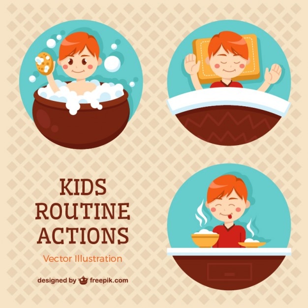 Different panels of kids routine actions