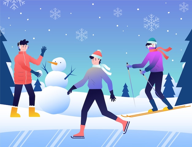 Free vector different people doing outdoor winter activities