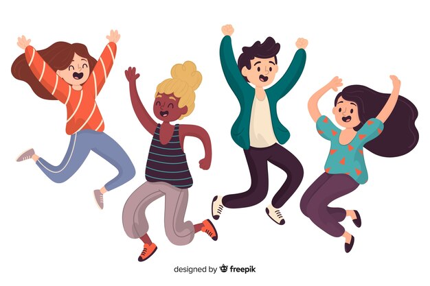 Different people jumping together