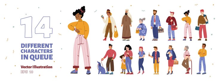 Free Vector different people standing in queue set
