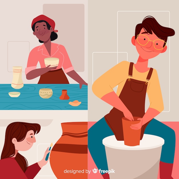 Free vector different people trying to make pottery objects