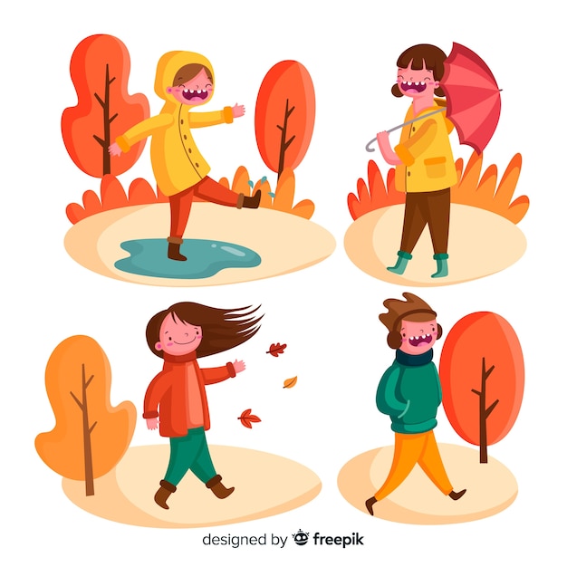 Free vector different people walking in autumn