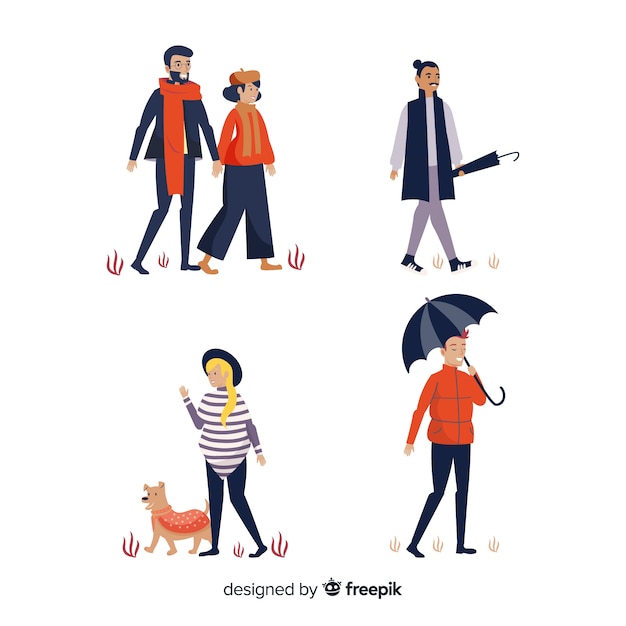 Free vector different people walking in autumn