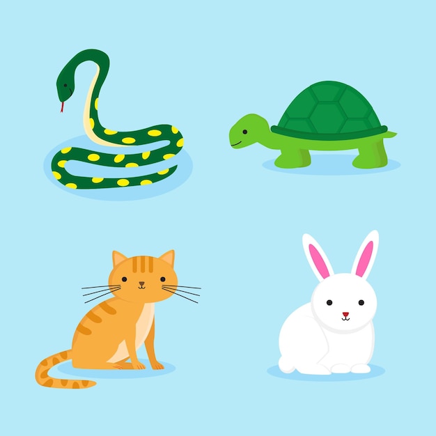 Free vector different pets isolated on blue wallpaper