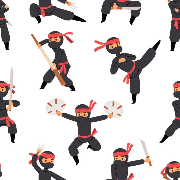 武器のベクトル図と様々なポーズで戦士の孤立した人間キャラクターの等尺性忍者セット 無料のベクター