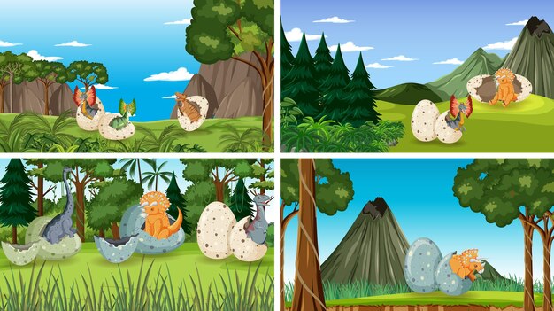 Different prehistoric forest scenes with dinosaur cartoon