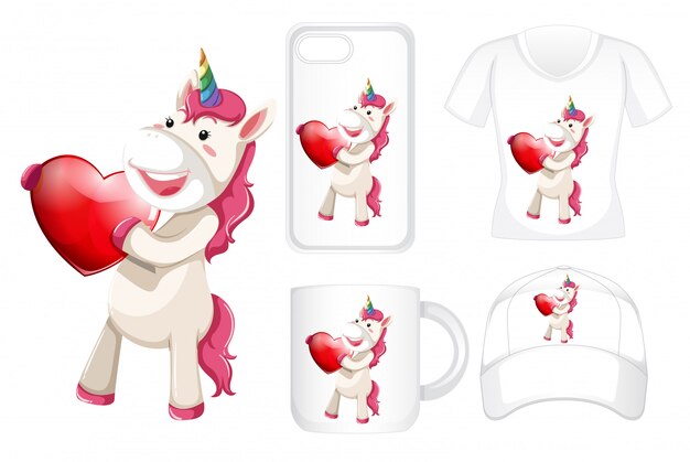 Different products with unicorn holding heart