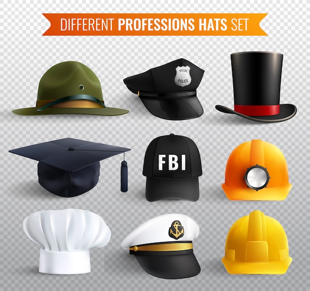 Collezione di cappelli di diverse professioni con nove realistici copricapo uniformi con ombre