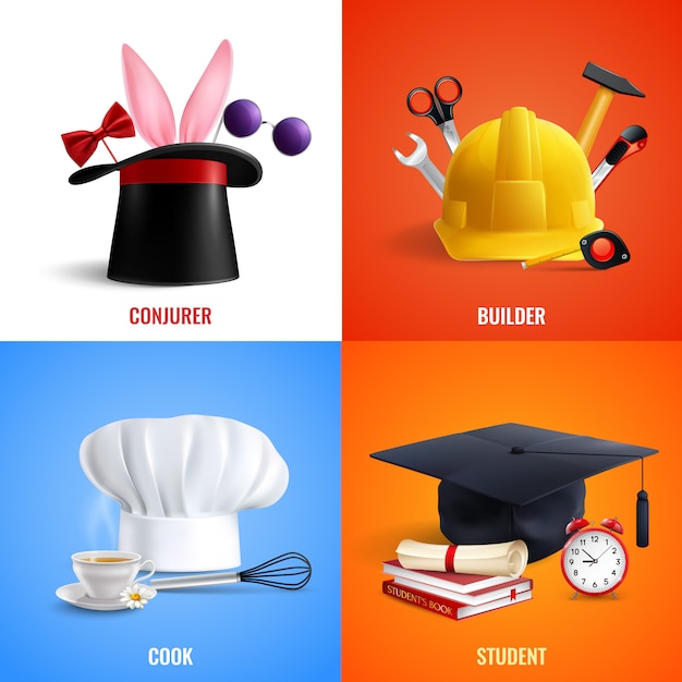 Illustrazione differente di concetto dei cappelli di professioni