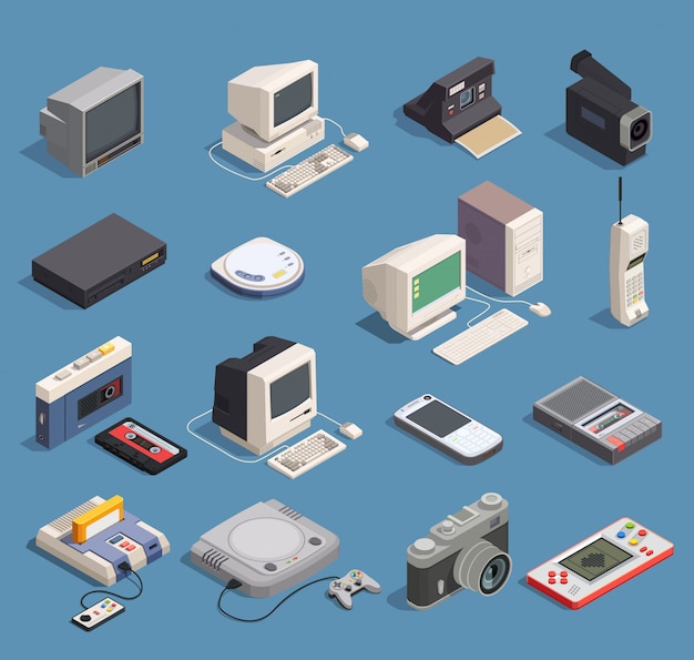 Different retro gadgets isometric icons set with computer player recorder console phone camera 3d isolated 