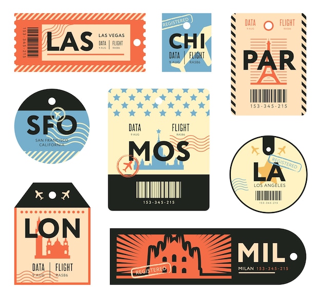 Different retro tickets for travelers flat stamps set. Colorful baggage tags and luggage airplane stickers vector illustration collection. Trip and design template 