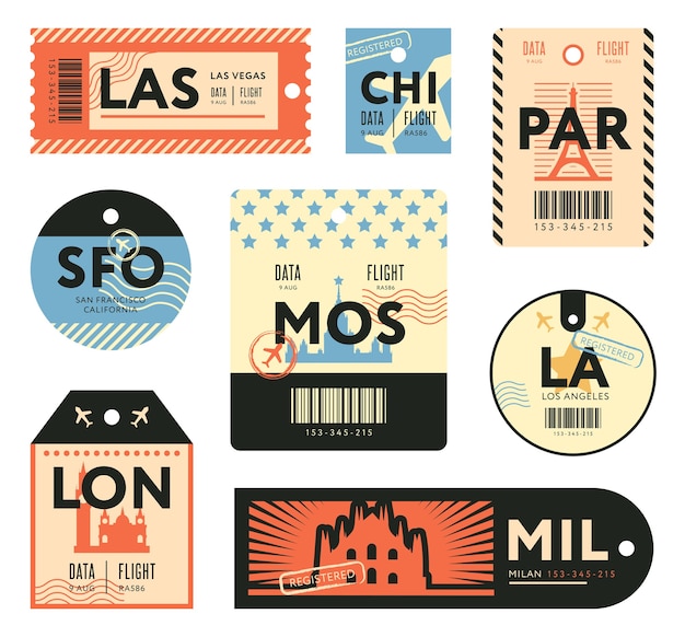 Набор различных ретро билеты для путешественников плоских марок. Красочные багажные бирки и багажные наклейки на самолет векторные иллюстрации. Шаблон поездки и дизайна