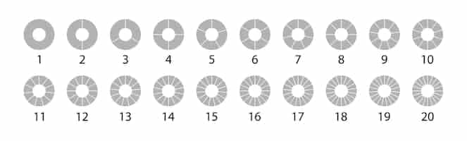 Vettore gratuito insieme di grigi di grafici a torta diversi grafici rotondi. sezione rotonda di vettore 20. set di cerchi segmentati isolati su sfondo bianco.