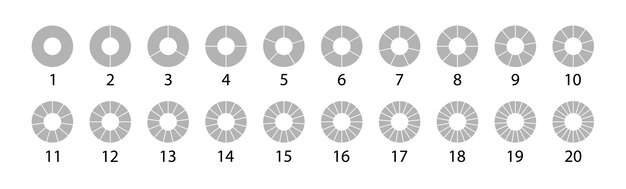 Набор различных круглых графических круговых диаграмм серый. Вектор раунд 20 раздела. Набор сегментированных кругов, изолированные на белом фоне.