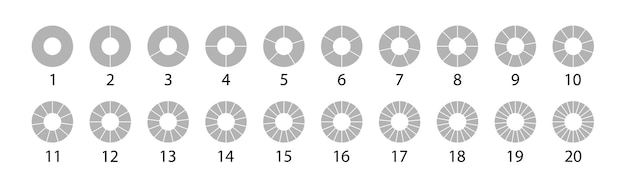 Different round graphic Pie charts gray set. Vector round 20 section. Segmented circles set isolated on a white background.