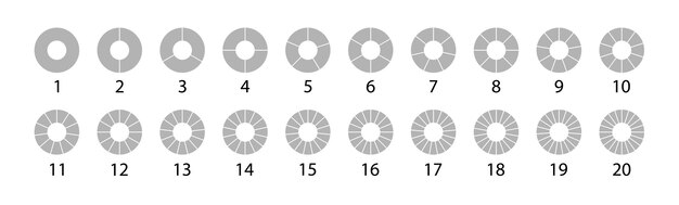 Different round graphic Pie charts gray set. Vector round 20 section. Segmented circles set isolated on a white background.