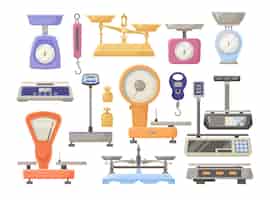Бесплатное векторное изображение Различные весы для набора векторных иллюстраций магазина или кухни