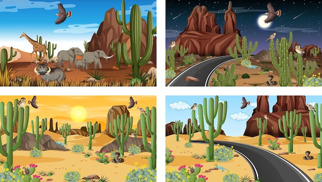 Diverse scene con paesaggi forestali desertici con animali e piante