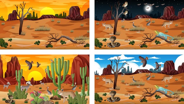 Different scenes with desert forest landscape with animals and plants