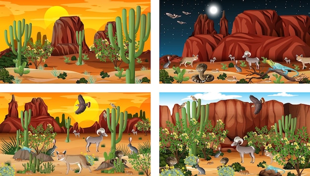 Diverse scene con paesaggi forestali desertici con animali e piante