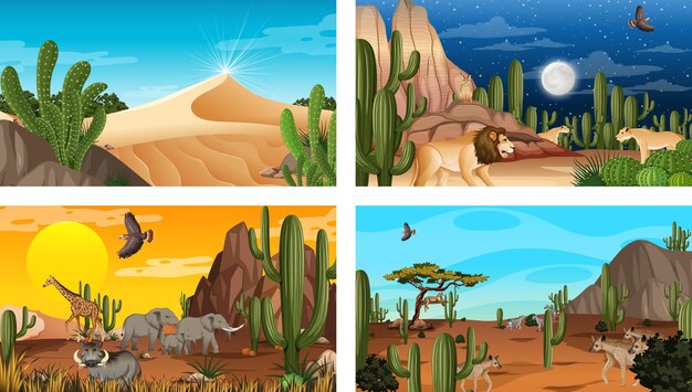 Free vector different scenes with desert forest landscape with animals and plants