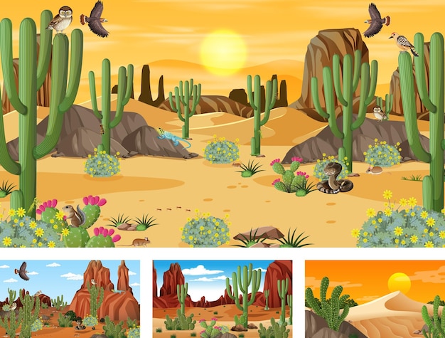 Vettore gratuito diverse scene con paesaggi forestali desertici con animali e piante