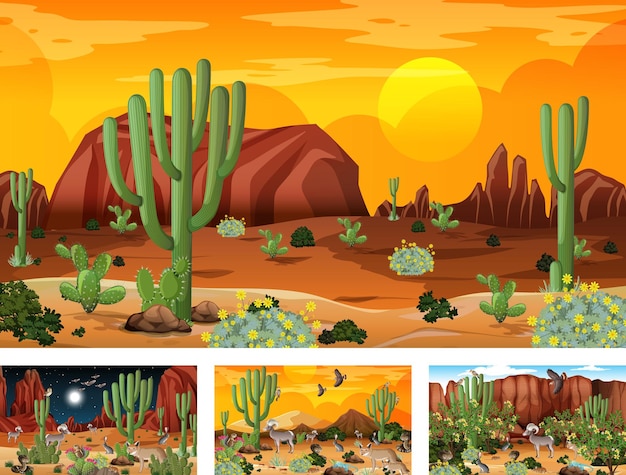 Free vector different scenes with desert forest landscape with animals and plants