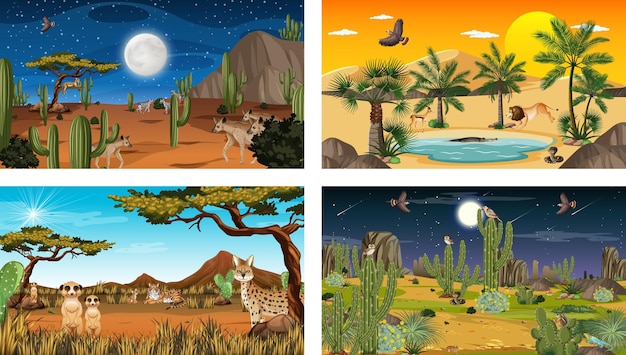 Different scenes with desert forest landscape with animals and plants