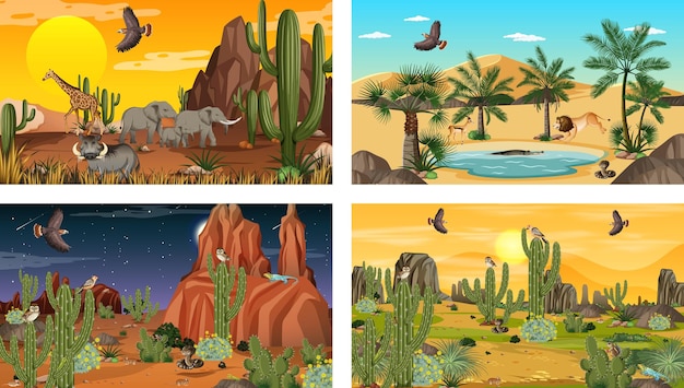 Different scenes with desert forest landscape with animals and plants