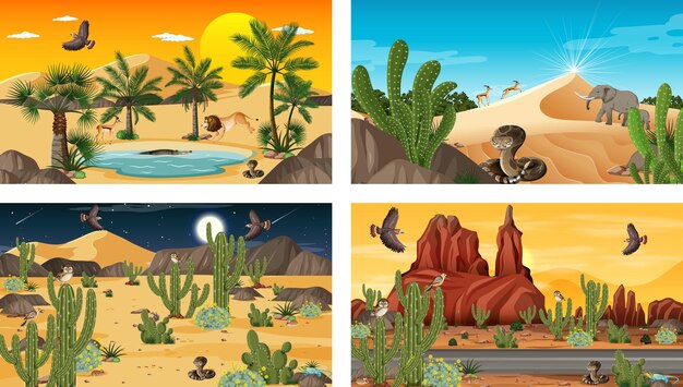Различные сцены с пустынным лесным пейзажем с животными и растениями