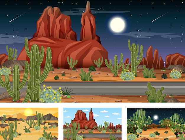 Free vector different scenes with desert forest landscape with various desert plants